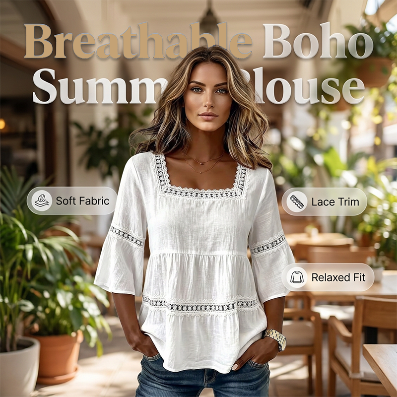🌸 LIMITED-TIME 50% OFF! 💥 Elegant Square Neck Summer Blouse – Boho Lace, Bell Sleeves, Tiered Flow ✨