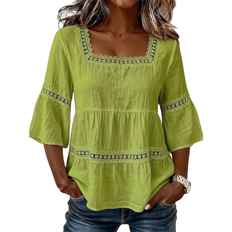 🌸 LIMITED-TIME 50% OFF! 💥 Elegant Square Neck Summer Blouse – Boho Lace, Bell Sleeves, Tiered Flow ✨
