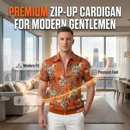 Men's Vintage Floral Print Zip-Up Top
