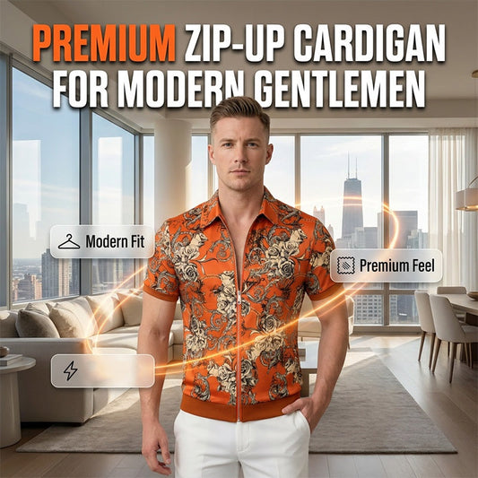 Men's Vintage Floral Print Zip-Up Top
