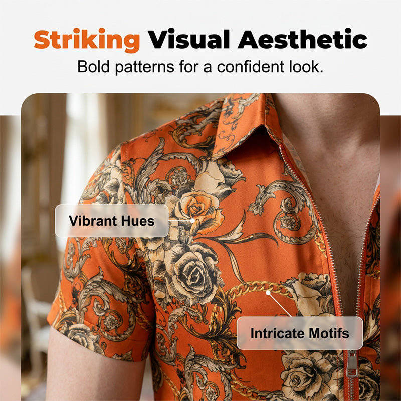 Men's Vintage Floral Print Zip-Up Top