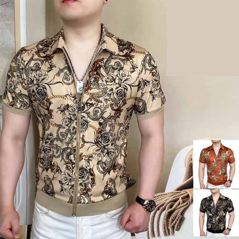 Men's Vintage Floral Print Zip-Up Top