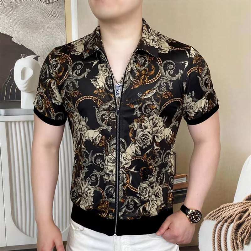 Men's Vintage Floral Print Zip-Up Top