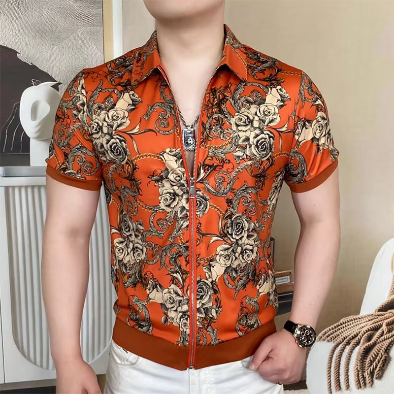 Men's Vintage Floral Print Zip-Up Top