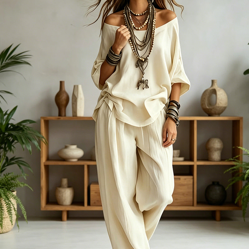 Women’s Off-Shoulder Top & Wide-Leg Pants 2-Piece Set