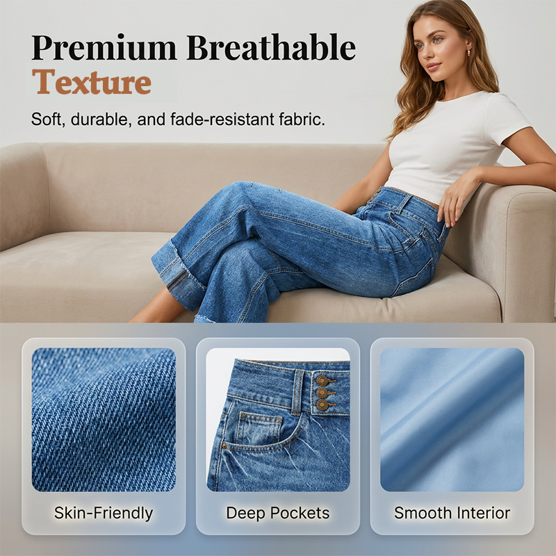 👖New Arrival💙Women Wide Leg Cropped Jeans Button High Waist Denim Pants