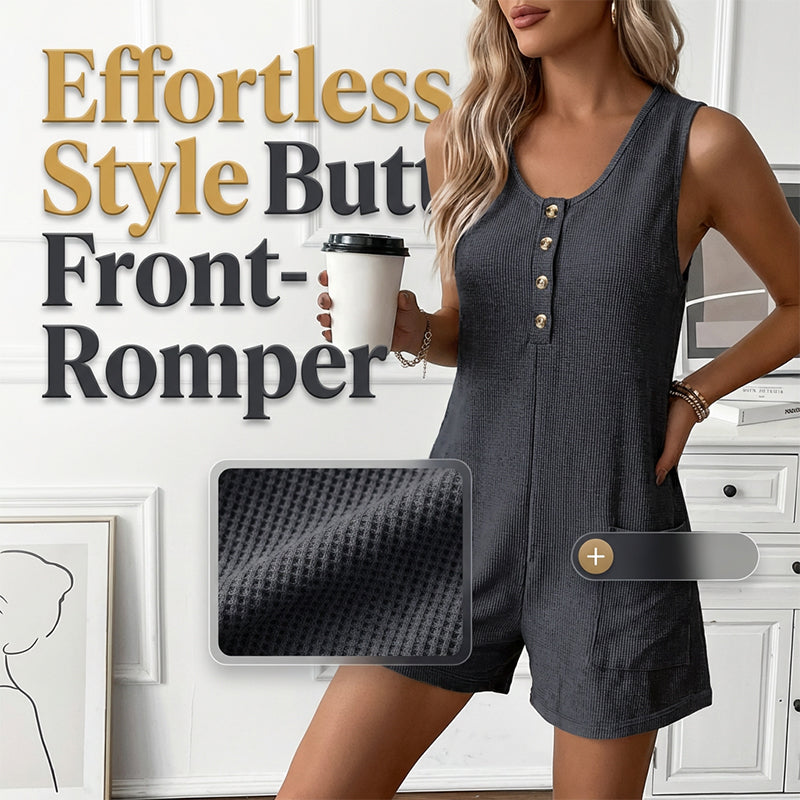 👗 LIMITED-TIME 50% OFF! ✨ Women's Sleeveless Button-Front Romper – Waffle Knit, Scoop Neck, Side Pockets 🌿