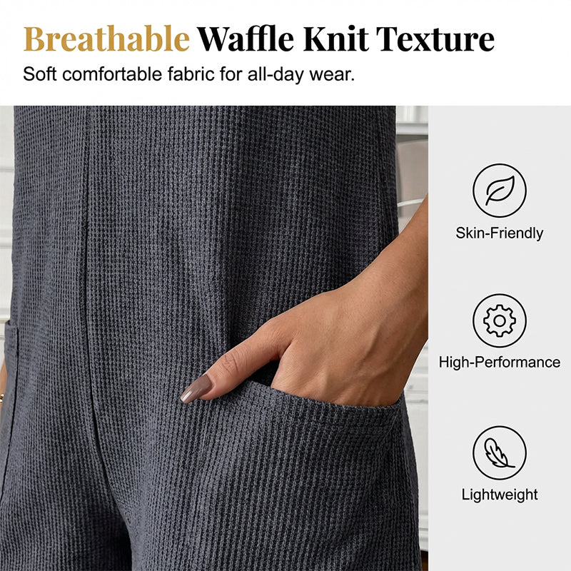 👗 LIMITED-TIME 50% OFF! ✨ Women's Sleeveless Button-Front Romper – Waffle Knit, Scoop Neck, Side Pockets 🌿