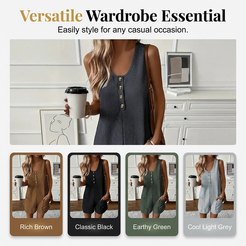 👗 LIMITED-TIME 50% OFF! ✨ Women's Sleeveless Button-Front Romper – Waffle Knit, Scoop Neck, Side Pockets 🌿