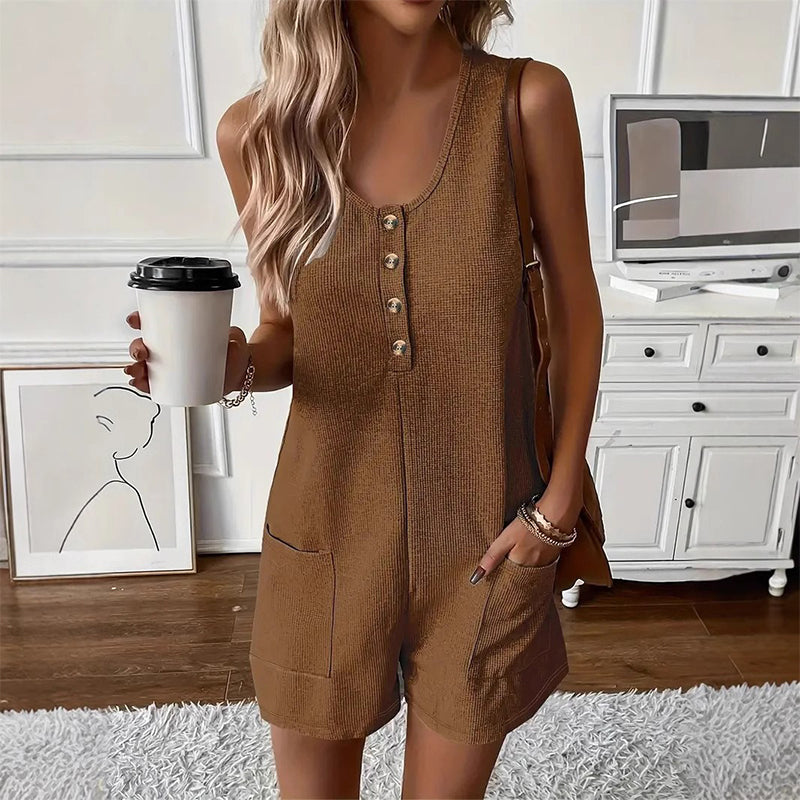 👗 LIMITED-TIME 50% OFF! ✨ Women's Sleeveless Button-Front Romper – Waffle Knit, Scoop Neck, Side Pockets 🌿