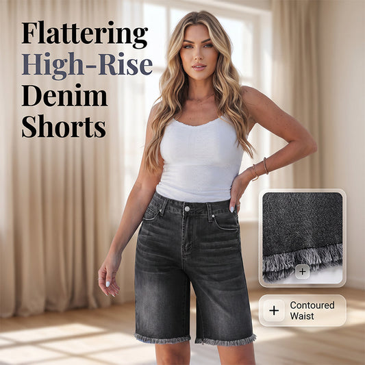 ⏳Time-Limited Special⏰Women’s Casual High Waisted Fringed Denim Shorts – Flattering High-Rise, Slimming Fit, Raw Fringe Hem – Accentuates Your Waist and Elongates Your Legs for a Chic Summer Look 🦵