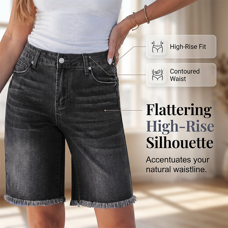 ⏳Time-Limited Special⏰Women’s Casual High Waisted Fringed Denim Shorts – Flattering High-Rise, Slimming Fit, Raw Fringe Hem – Accentuates Your Waist and Elongates Your Legs for a Chic Summer Look 🦵