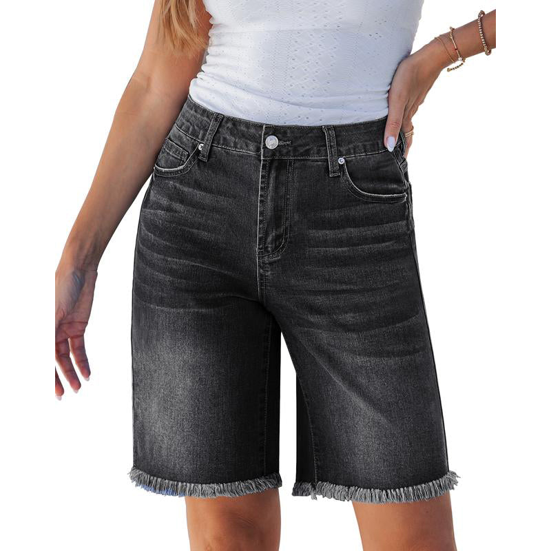 ⏳Time-Limited Special⏰Women’s Casual High Waisted Fringed Denim Shorts – Flattering High-Rise, Slimming Fit, Raw Fringe Hem – Accentuates Your Waist and Elongates Your Legs for a Chic Summer Look 🦵