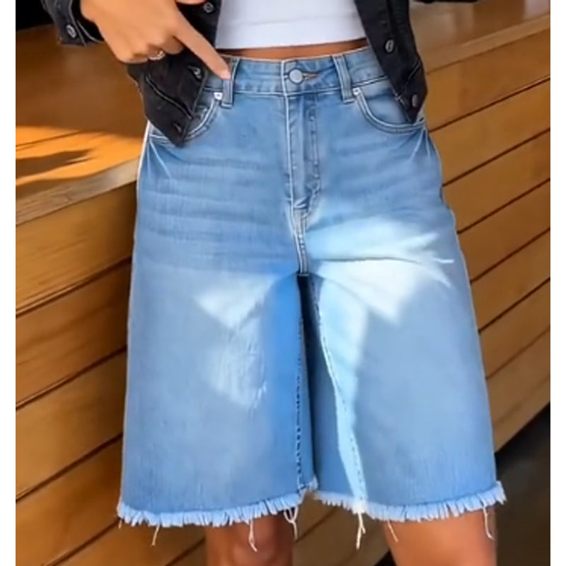⏳Time-Limited Special⏰Women’s Casual High Waisted Fringed Denim Shorts – Flattering High-Rise, Slimming Fit, Raw Fringe Hem – Accentuates Your Waist and Elongates Your Legs for a Chic Summer Look 🦵