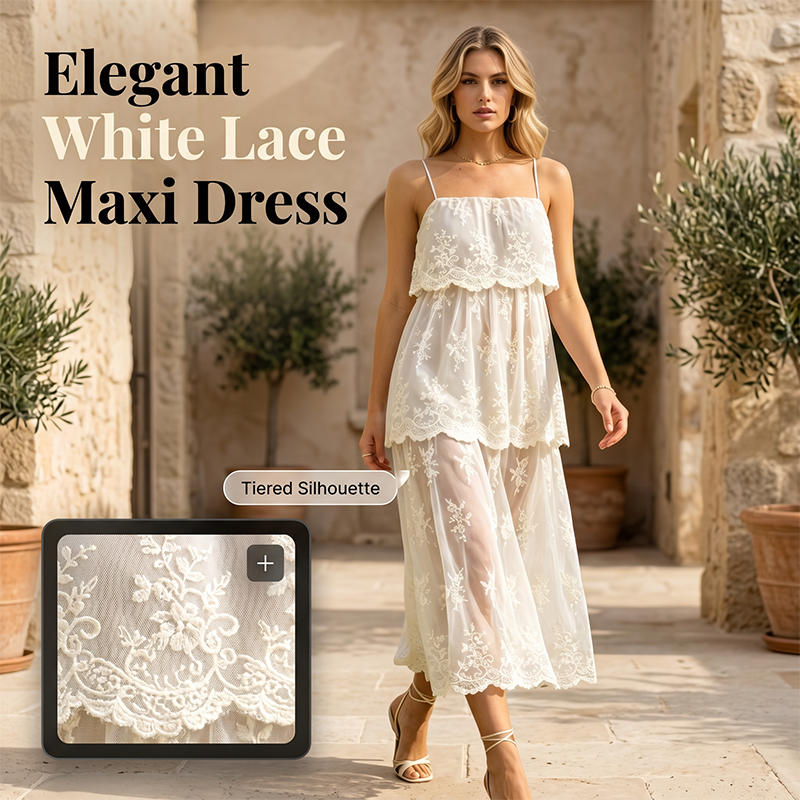 🎉 LIMITED TIME 50% OFF! 👗 Women Elegant White Lace Spaghetti Strap Maxi Dress – Intricate Floral Lace & Flattering Tiered Silhouette 🌸