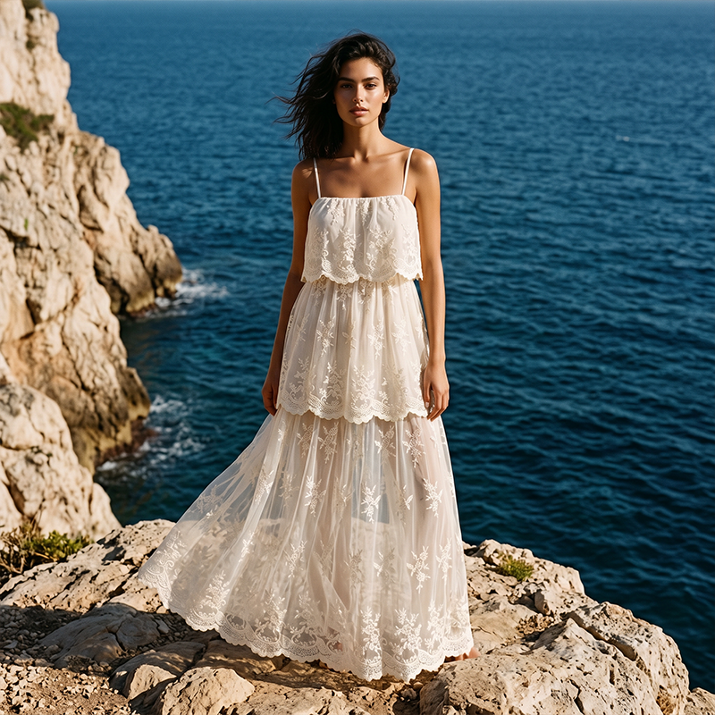 🎉 LIMITED TIME 50% OFF! 👗 Women Elegant White Lace Spaghetti Strap Maxi Dress – Intricate Floral Lace & Flattering Tiered Silhouette 🌸