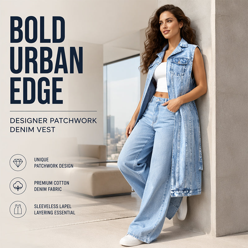 🎉50% OFF! 🧥Women Sleeveless High Slit Denim Vest Dress – Patchwork Longline Jean Waistcoat ✨