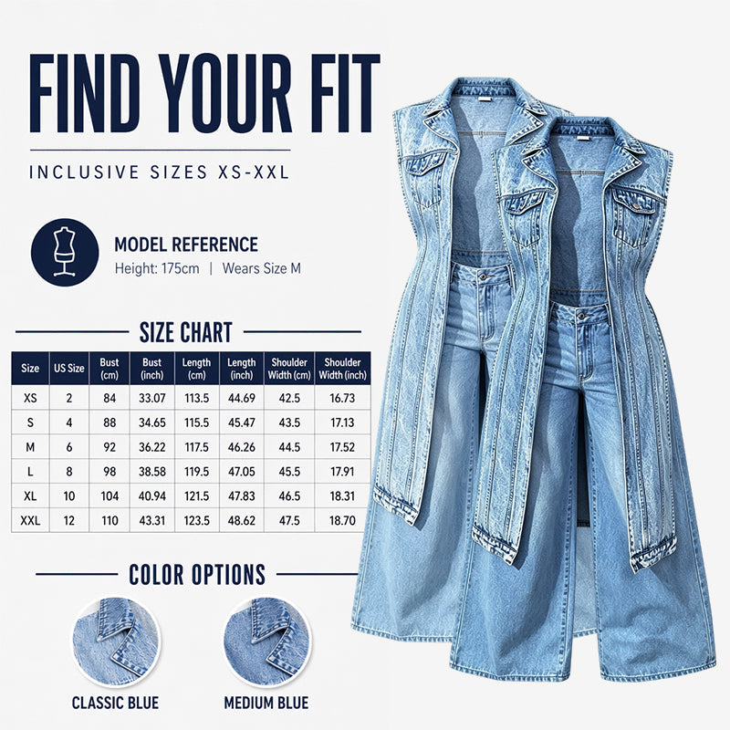 🎉50% OFF! 🧥Women Sleeveless High Slit Denim Vest Dress – Patchwork Longline Jean Waistcoat ✨