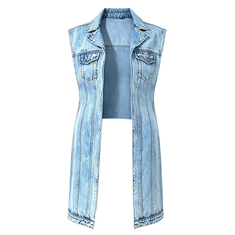 🎉50% OFF! 🧥Women Sleeveless High Slit Denim Vest Dress – Patchwork Longline Jean Waistcoat ✨