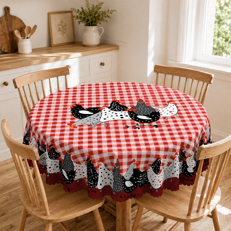 🐓 LIMITED TIME 50% OFF! ❤️ Farmhouse Rooster Tablecloth – Red Buffalo Plaid Chicken Table Cover, Spill Proof & Scalloped Lace Edge ✨