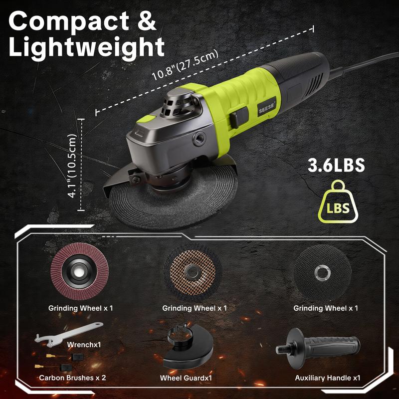 ⚡ SEESE 5‑Inch 8‑Amp Angle Grinder – 6‑Speed Variable, 11000 RPM 🛠️ 🔧 Includes Cutting Wheels, Flap Disc & Auxiliary Handle 💪 Perfect for Cutting, Grinding, Polishing & Rust Removal