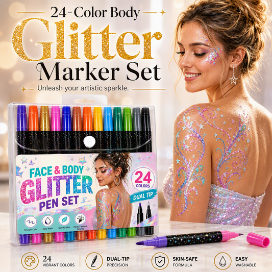 📢📢Buy 2 Get 1 Free !! ⏰24-Color Face & Body Glitter Marker Set with Dual Tips