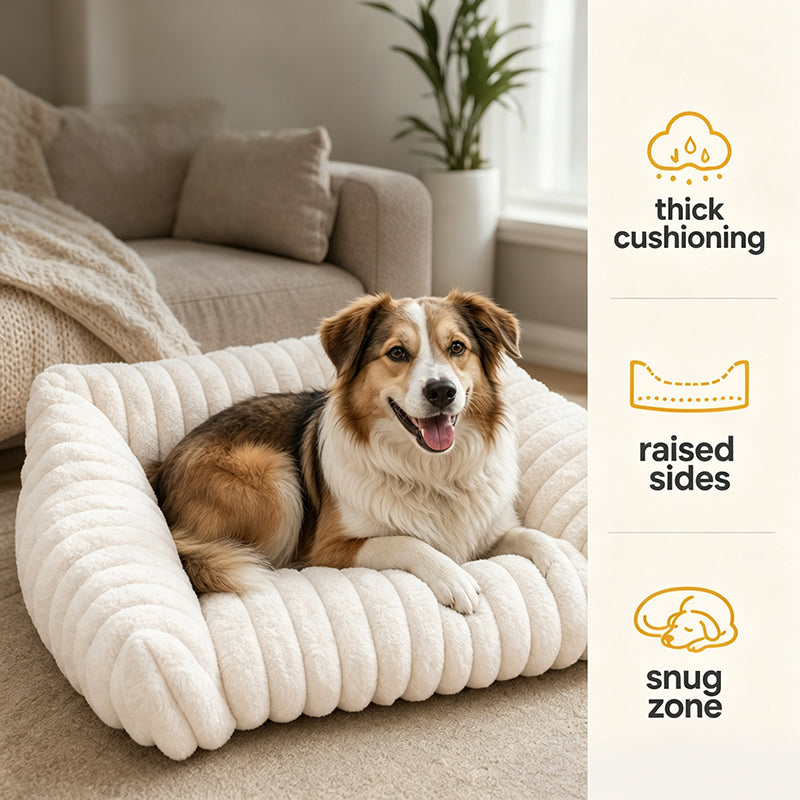 🎉 LIMITED TIME 50% OFF! 🛋️ Cozy Sofa Pet Bed – Ultra-Comfortable, Raised Bolster Edges & Super-Soft Ribbed Plush – Fits Cats & Dogs ✨