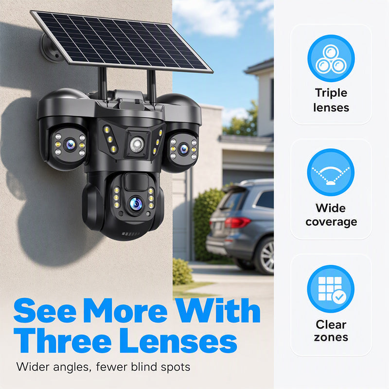 📡 LIMITED‑TIME 50% OFF! ⚡ Solar Triple‑Lens WiFi Security Camera – Smart, Wireless, All‑weather ☀️