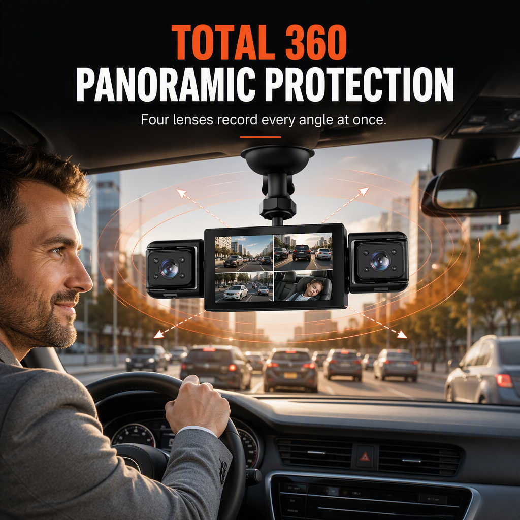 🎥 LIMITED-TIME 50% OFF ✨ Four-Lens Rotatable Dash Cam — Full Cabin Coverage ⚡