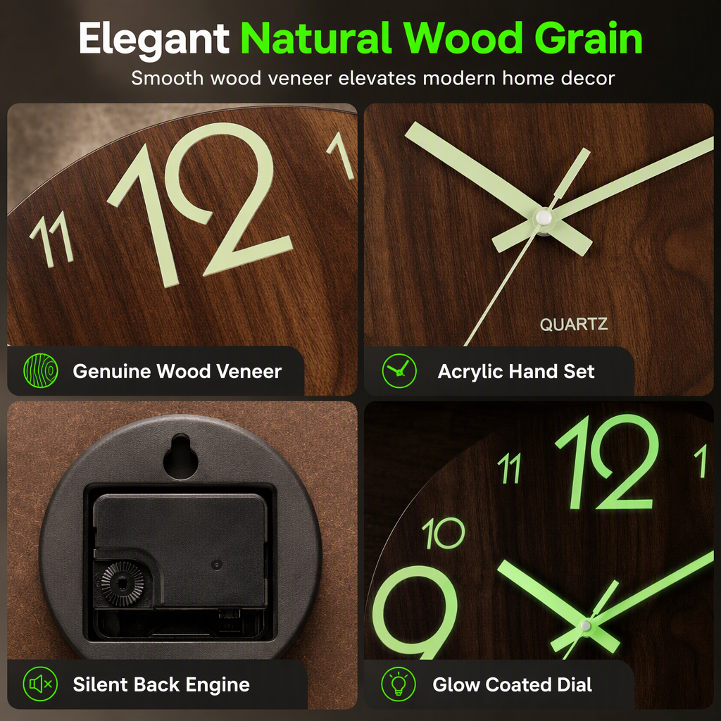 🔥Limited-Time Offer🕰️12-Inch Silent Wooden Wall Clock – Luminous Glow & MDF Wood Grain✨
