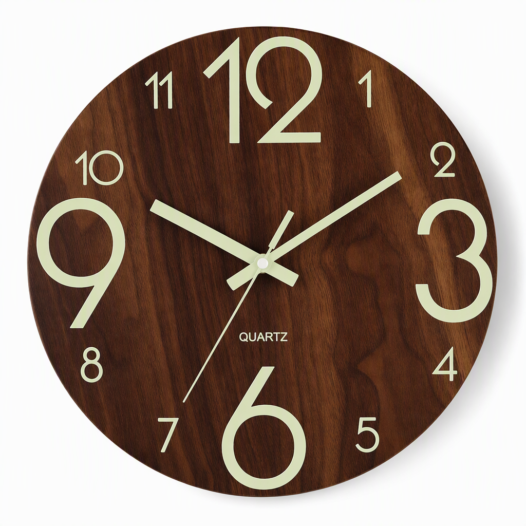 🔥Limited-Time Offer🕰️12-Inch Silent Wooden Wall Clock – Luminous Glow & MDF Wood Grain✨