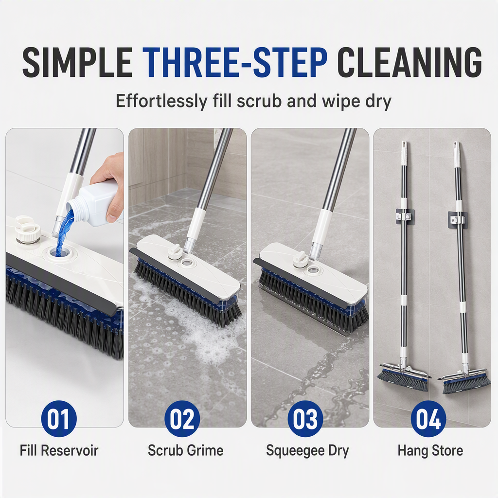 🧹✨ 4-in-1 Liquid Dispensing Floor Brush – 50% OFF! Scrub, scrape, squeegee & tweezers, long handle, stiff bristles – deep clean any floor. 💪