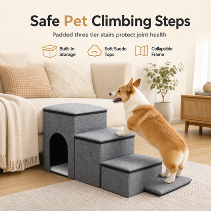 Foldable Pet Steps with Storage Non Slip Dog Stairs for Couch and High Bed