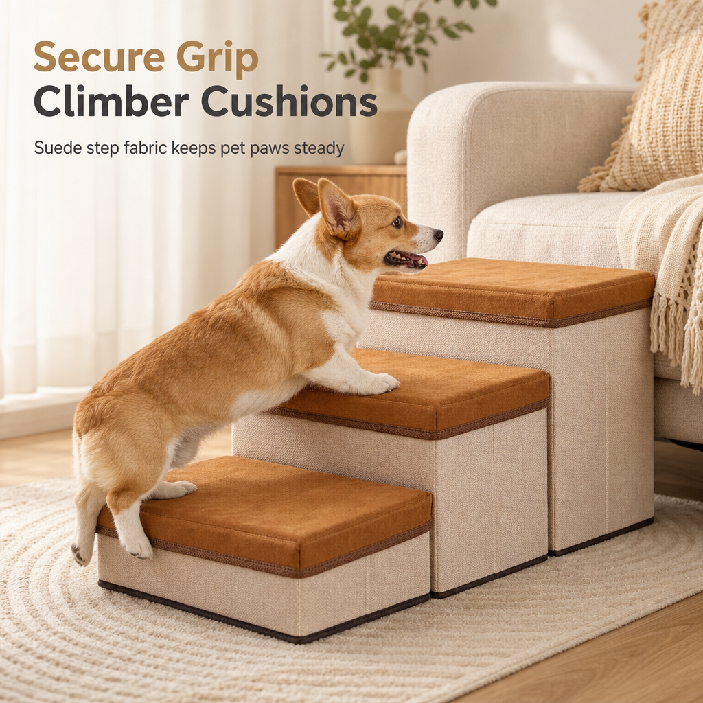 Foldable Pet Steps with Storage Non Slip Dog Stairs for Couch and High Bed