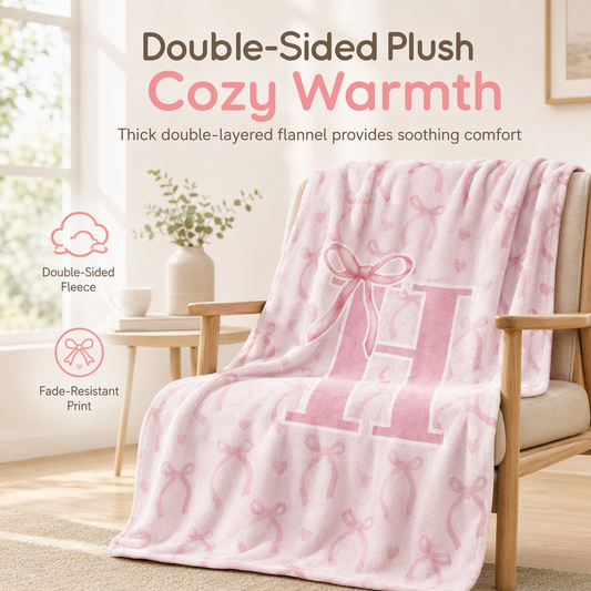 🩷Double Layer Thickened Flannel Throw Blanket with Cute Cartoon Bowknot Letter Print