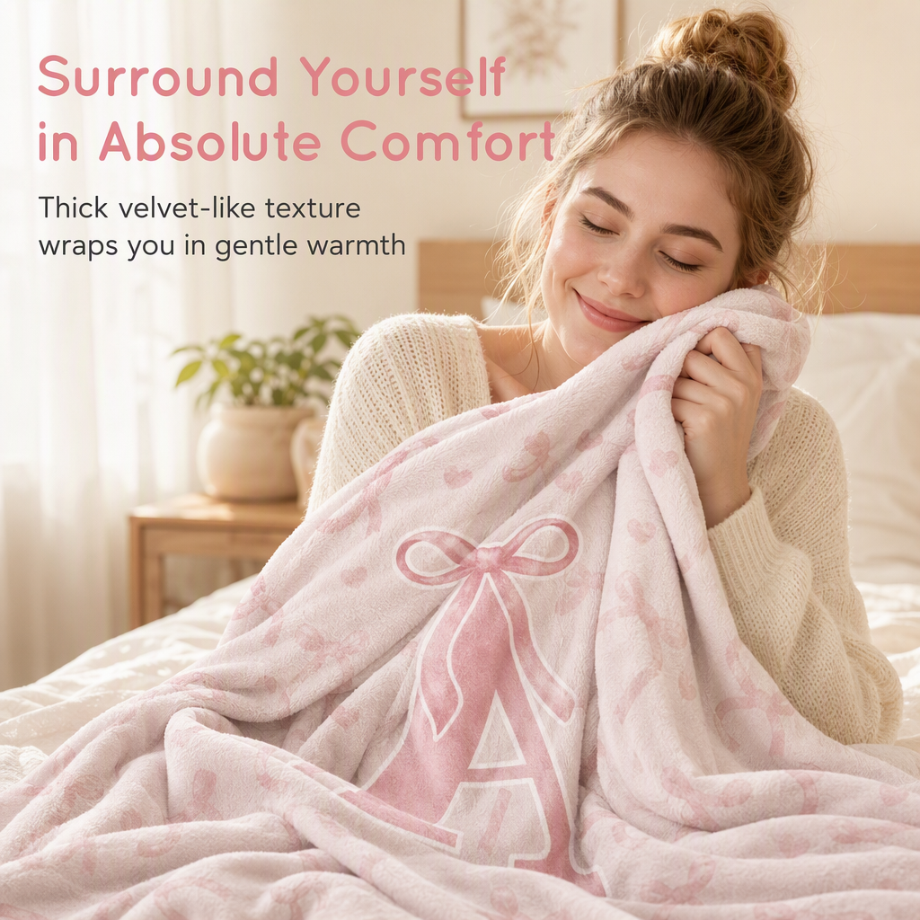 🩷Double Layer Thickened Flannel Throw Blanket with Cute Cartoon Bowknot Letter Print