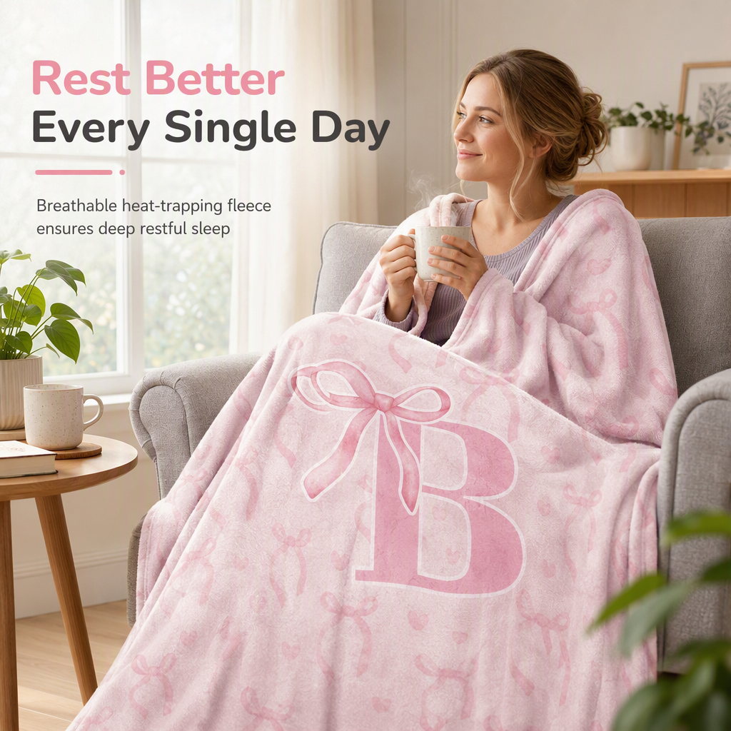 🩷Double Layer Thickened Flannel Throw Blanket with Cute Cartoon Bowknot Letter Print