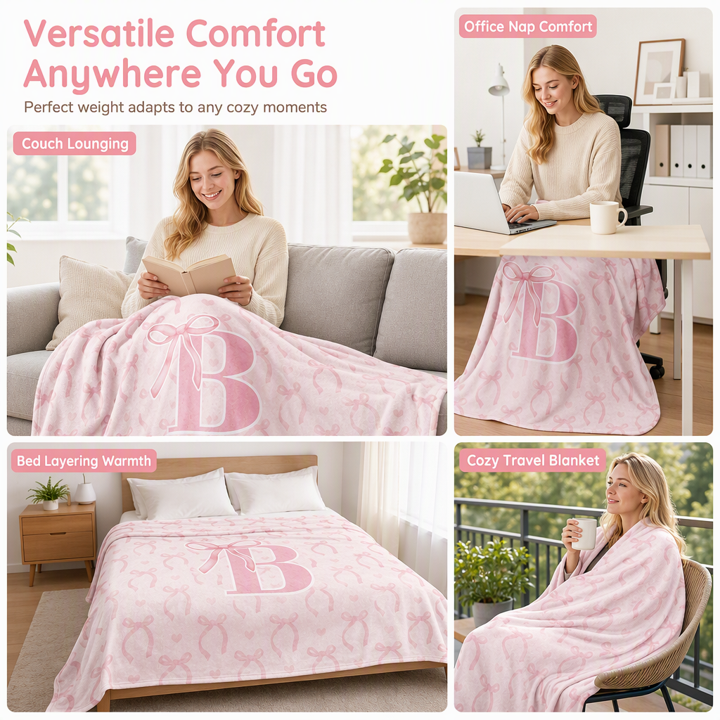 🩷Double Layer Thickened Flannel Throw Blanket with Cute Cartoon Bowknot Letter Print