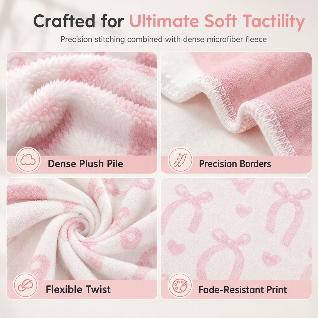 🩷Double Layer Thickened Flannel Throw Blanket with Cute Cartoon Bowknot Letter Print