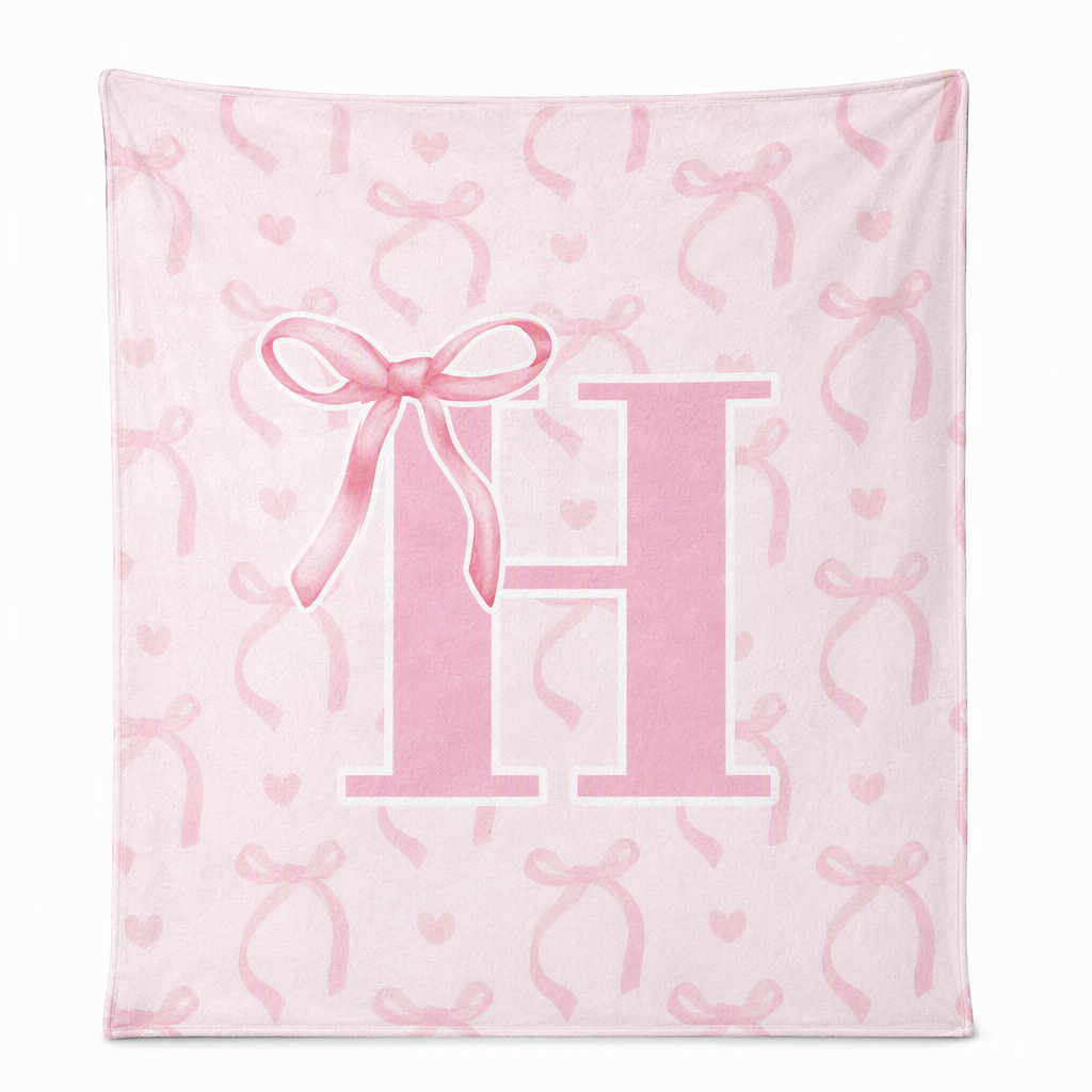🩷Double Layer Thickened Flannel Throw Blanket with Cute Cartoon Bowknot Letter Print