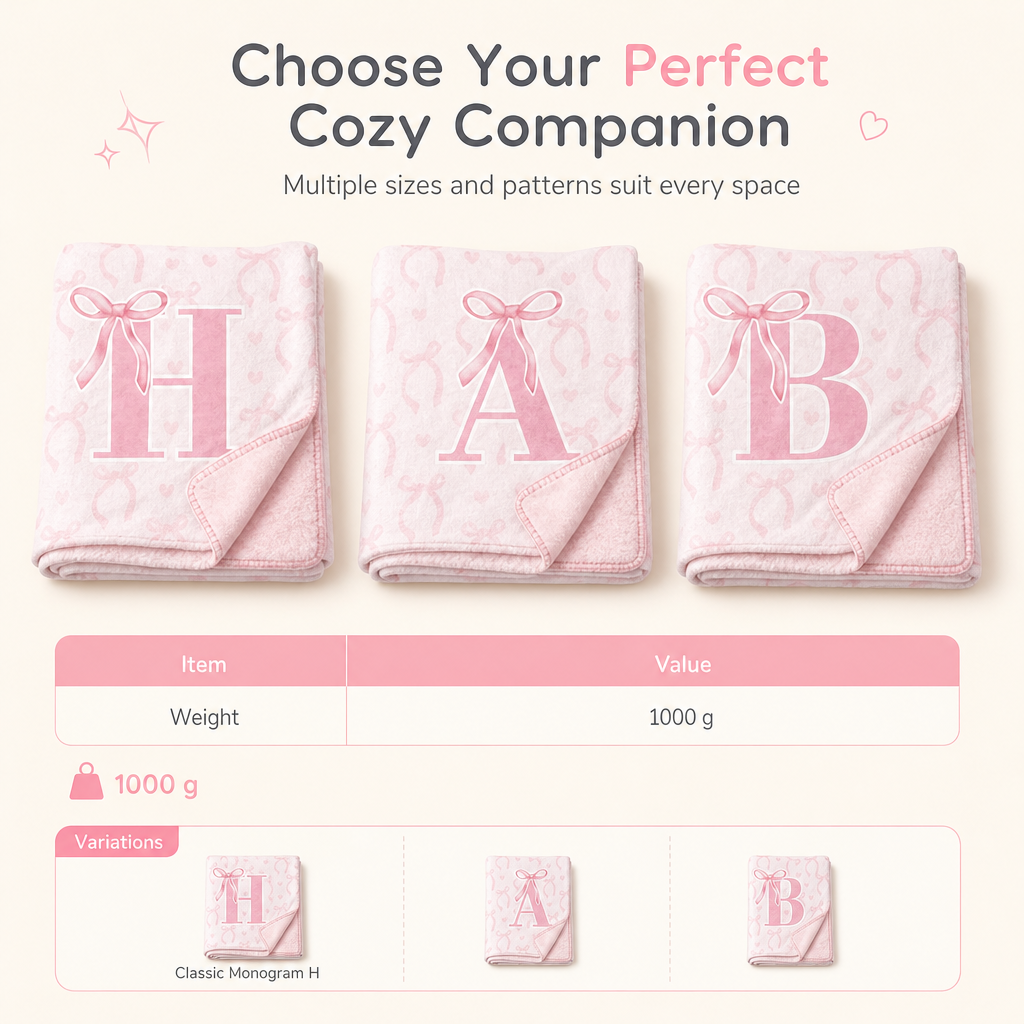 🩷Double Layer Thickened Flannel Throw Blanket with Cute Cartoon Bowknot Letter Print