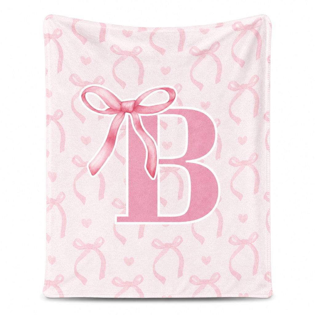 🩷Double Layer Thickened Flannel Throw Blanket with Cute Cartoon Bowknot Letter Print
