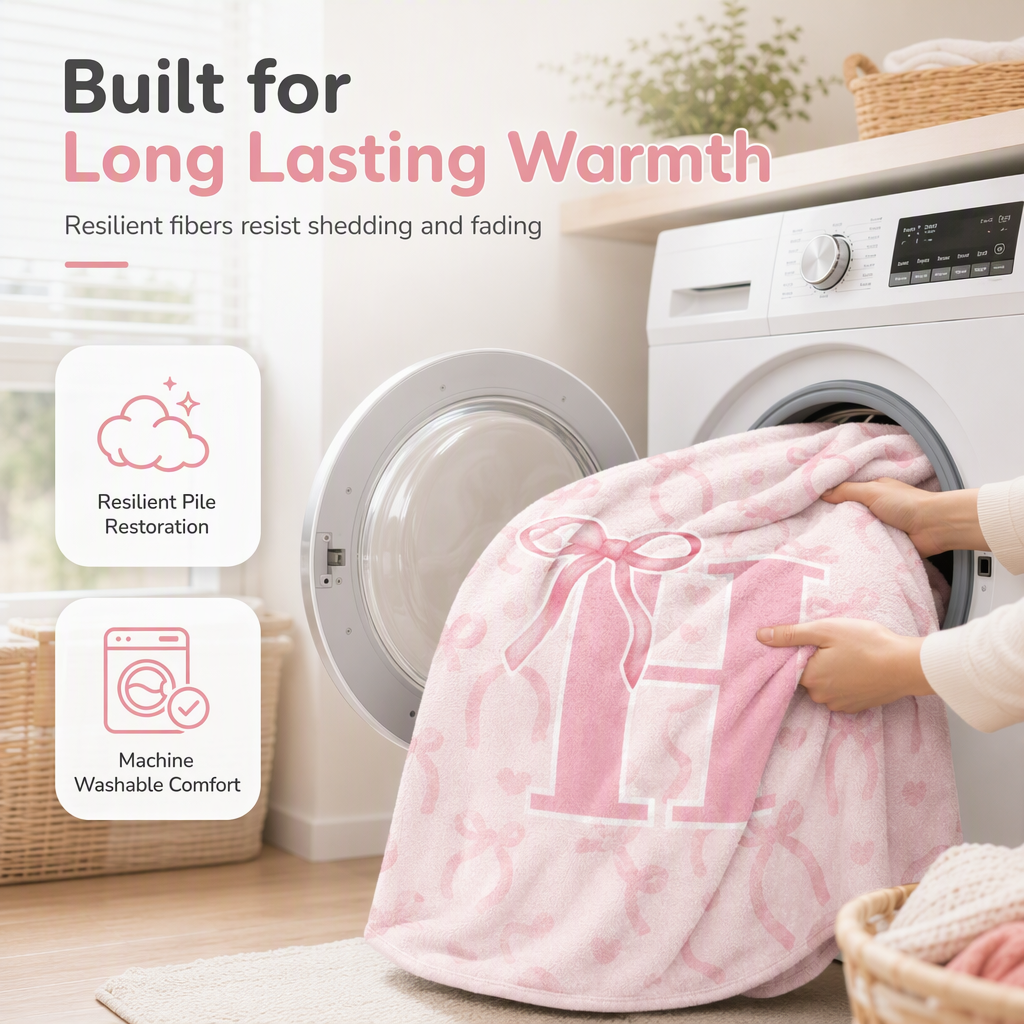 🩷Double Layer Thickened Flannel Throw Blanket with Cute Cartoon Bowknot Letter Print