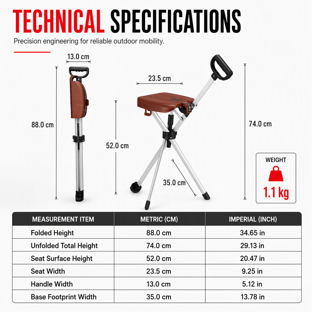 Portable Folding Cane Chair with Seat Non Slip Walking Stick Stool for Seniors Outdoor Hiking