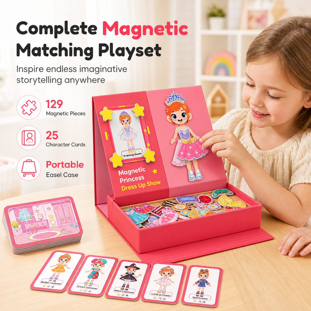 ⏳Time-Limited Special⏰29-Piece Magnetic Princess Dress-Up Set for Girls Ages 3–6 – 3-in-1 3D Outfit & Scene Matching Toy