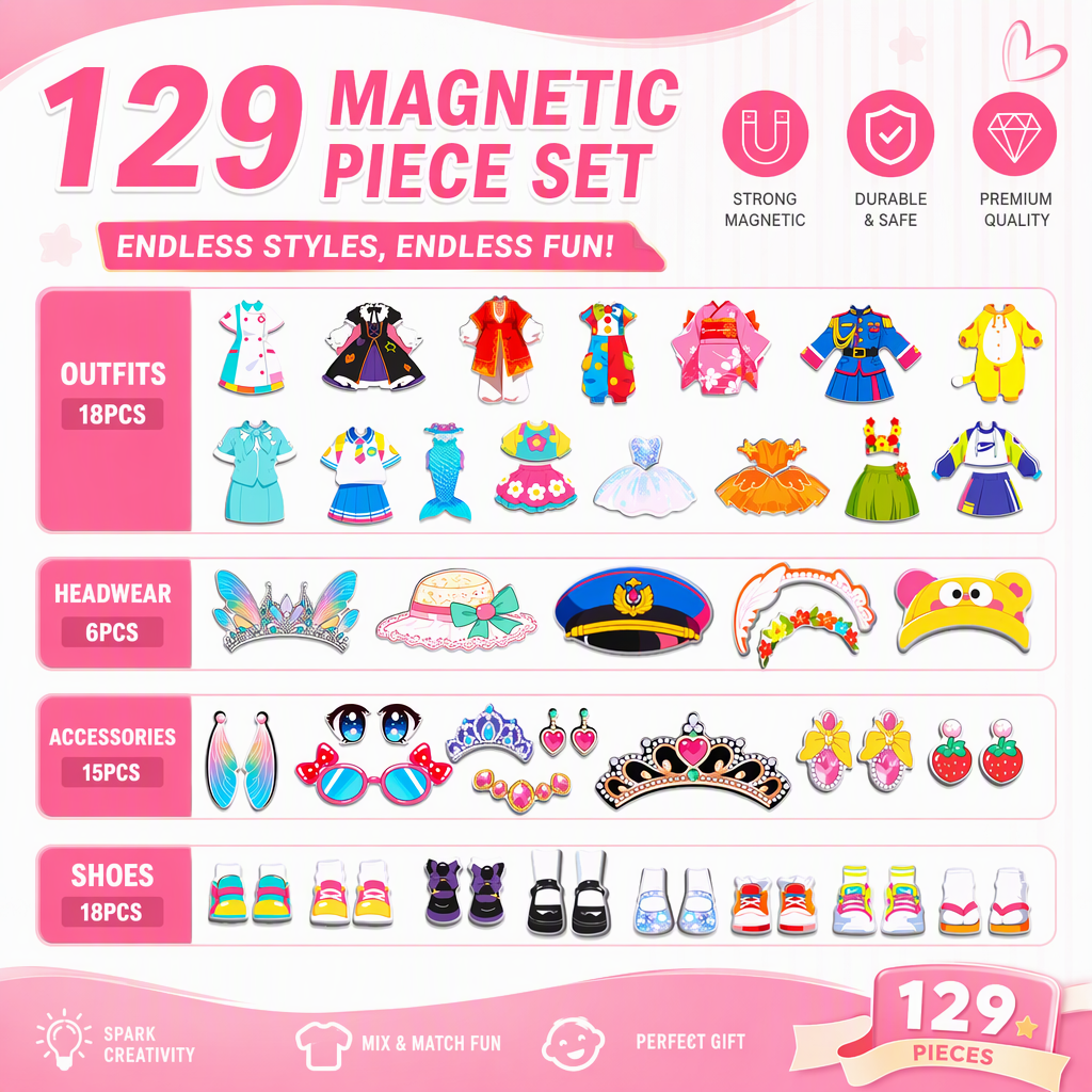 ⏳Time-Limited Special⏰29-Piece Magnetic Princess Dress-Up Set for Girls Ages 3–6 – 3-in-1 3D Outfit & Scene Matching Toy
