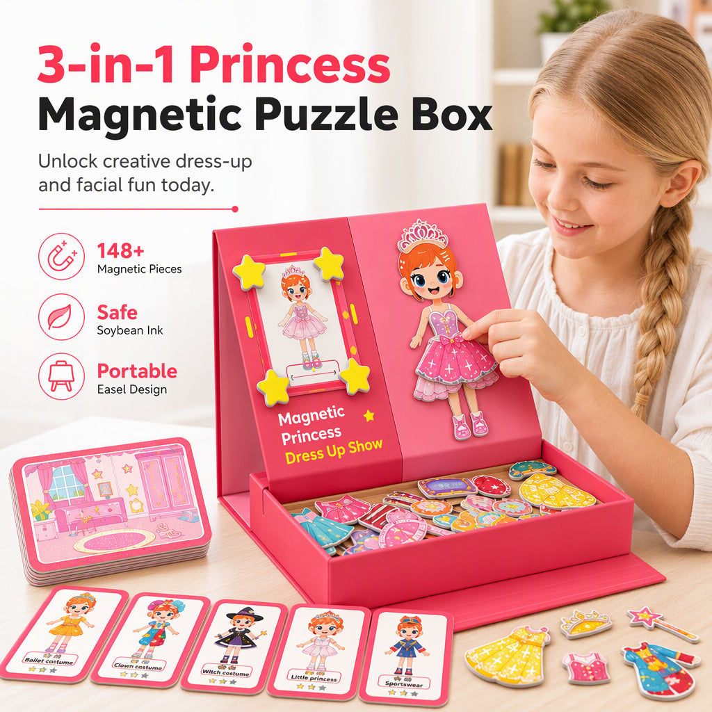 ⏳Time-Limited Special⏰29-Piece Magnetic Princess Dress-Up Set for Girls Ages 3–6 – 3-in-1 3D Outfit & Scene Matching Toy