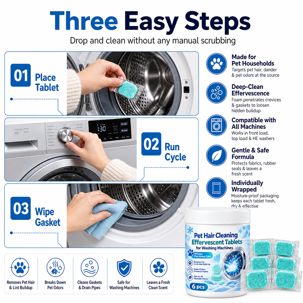 Pet Hair Washing Machine Cleaning Effervescent Tablets for Pet Households 6 Count