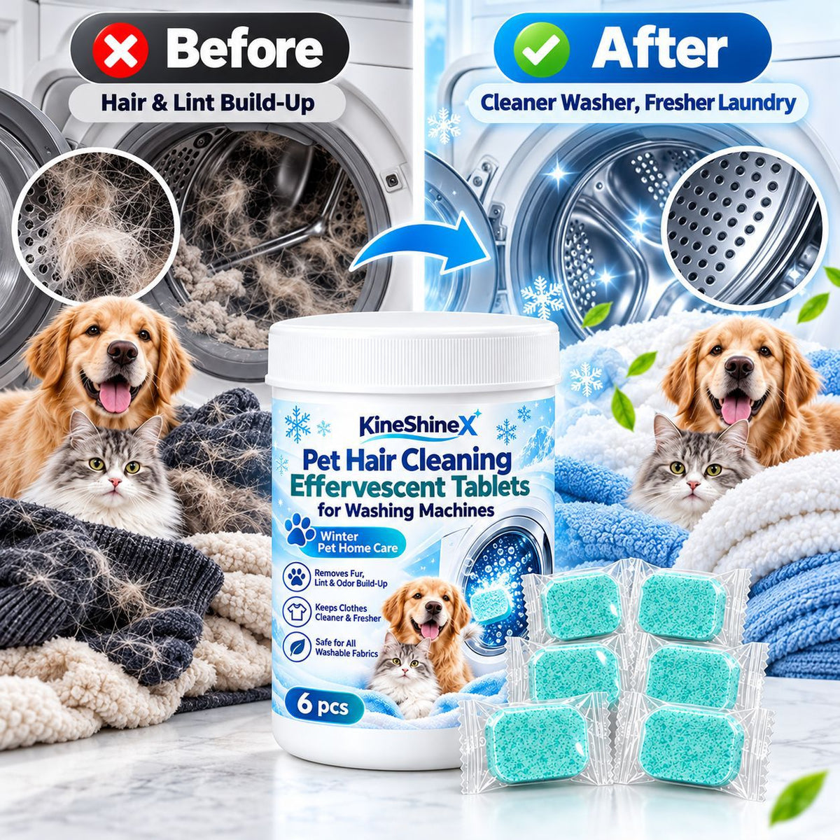 Pet Hair Washing Machine Cleaning Effervescent Tablets for Pet Households 6 Count